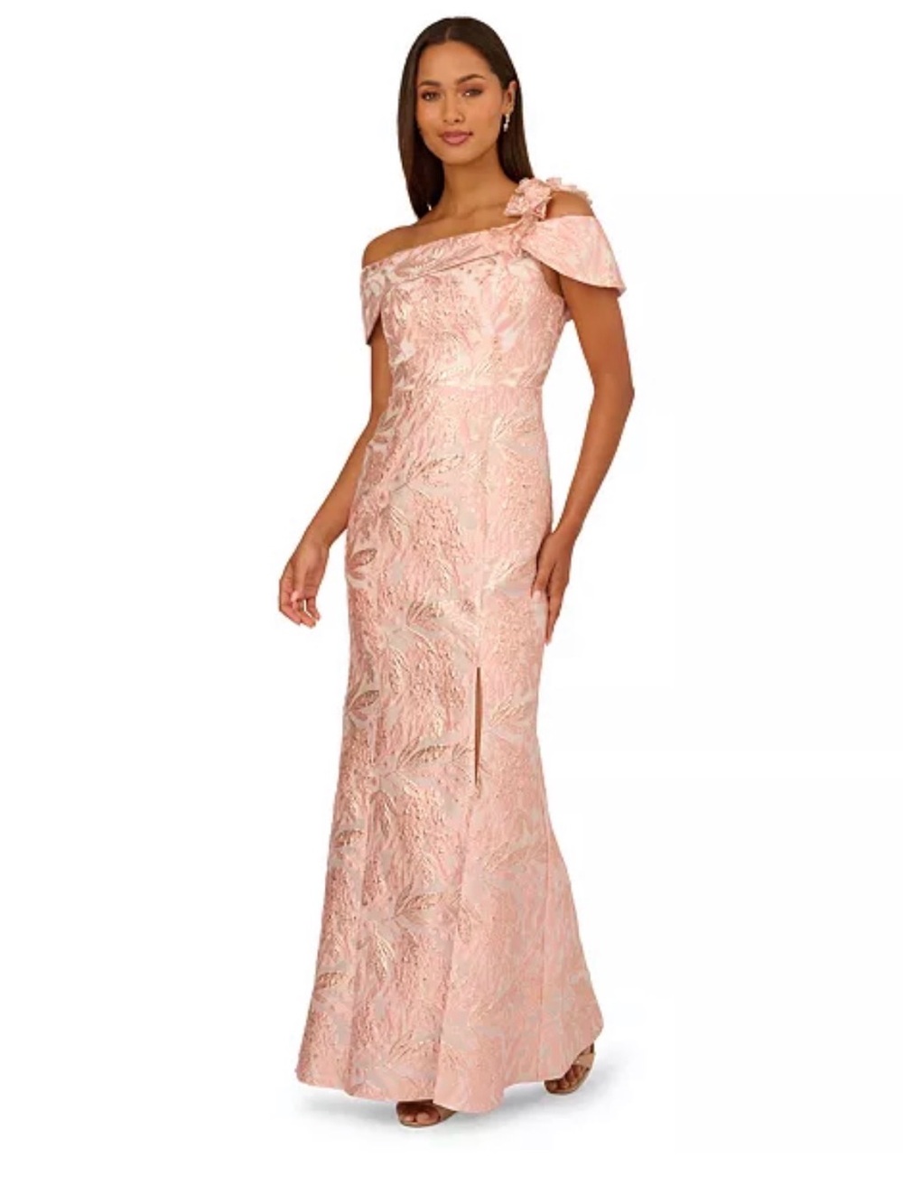 Adrianna Papell Blush Pink One-Shoulder Jacquard Evening Gown